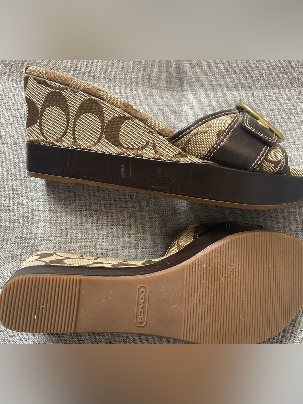 Coach Greta Brown Y2K Luxe Signature Brown Leather Slide Sandals Gold Buckle 7 - Picture 9 of 12